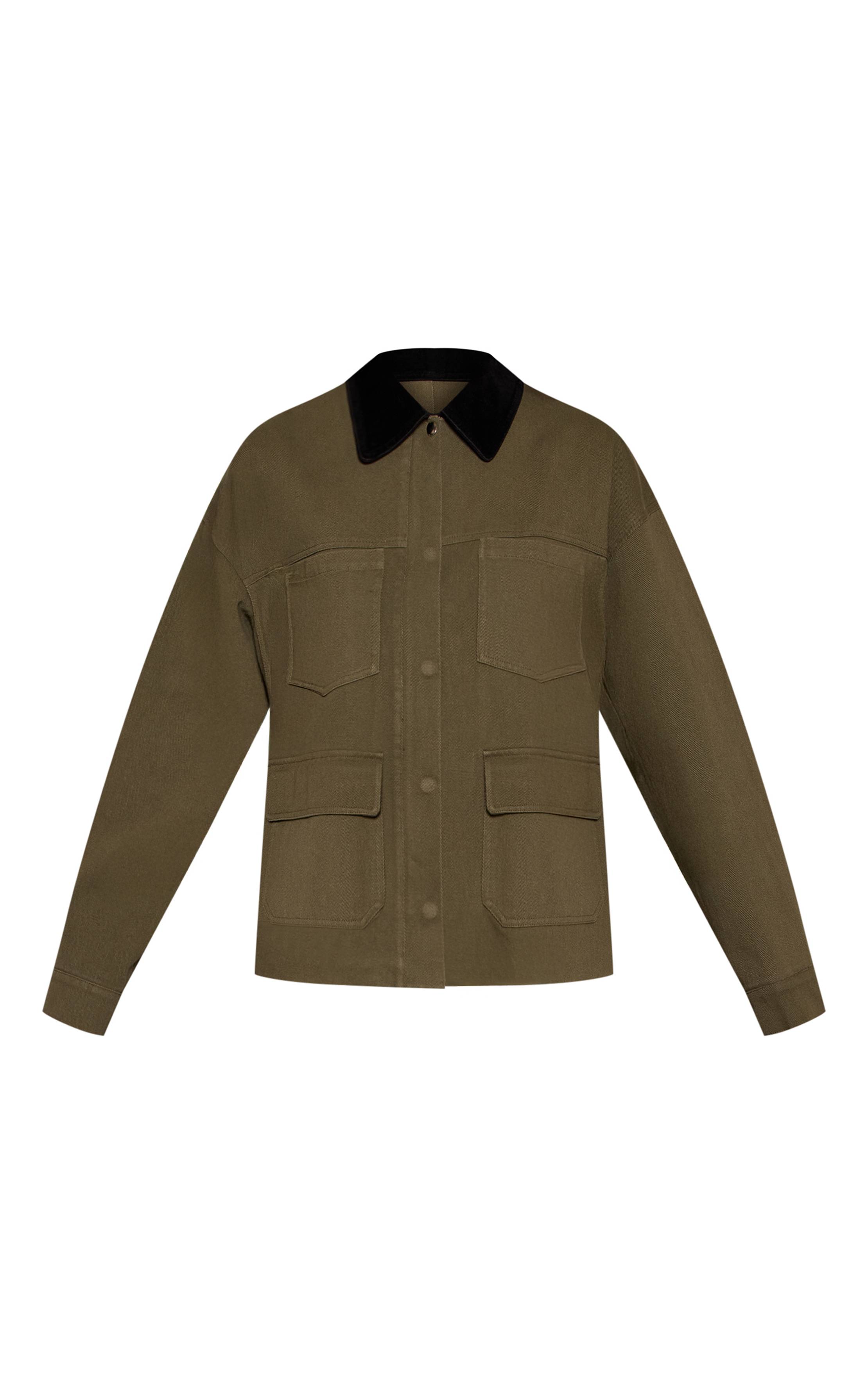 Kaki Veste En Faux Suède Avec Col Contrasté Et Détails De Poches