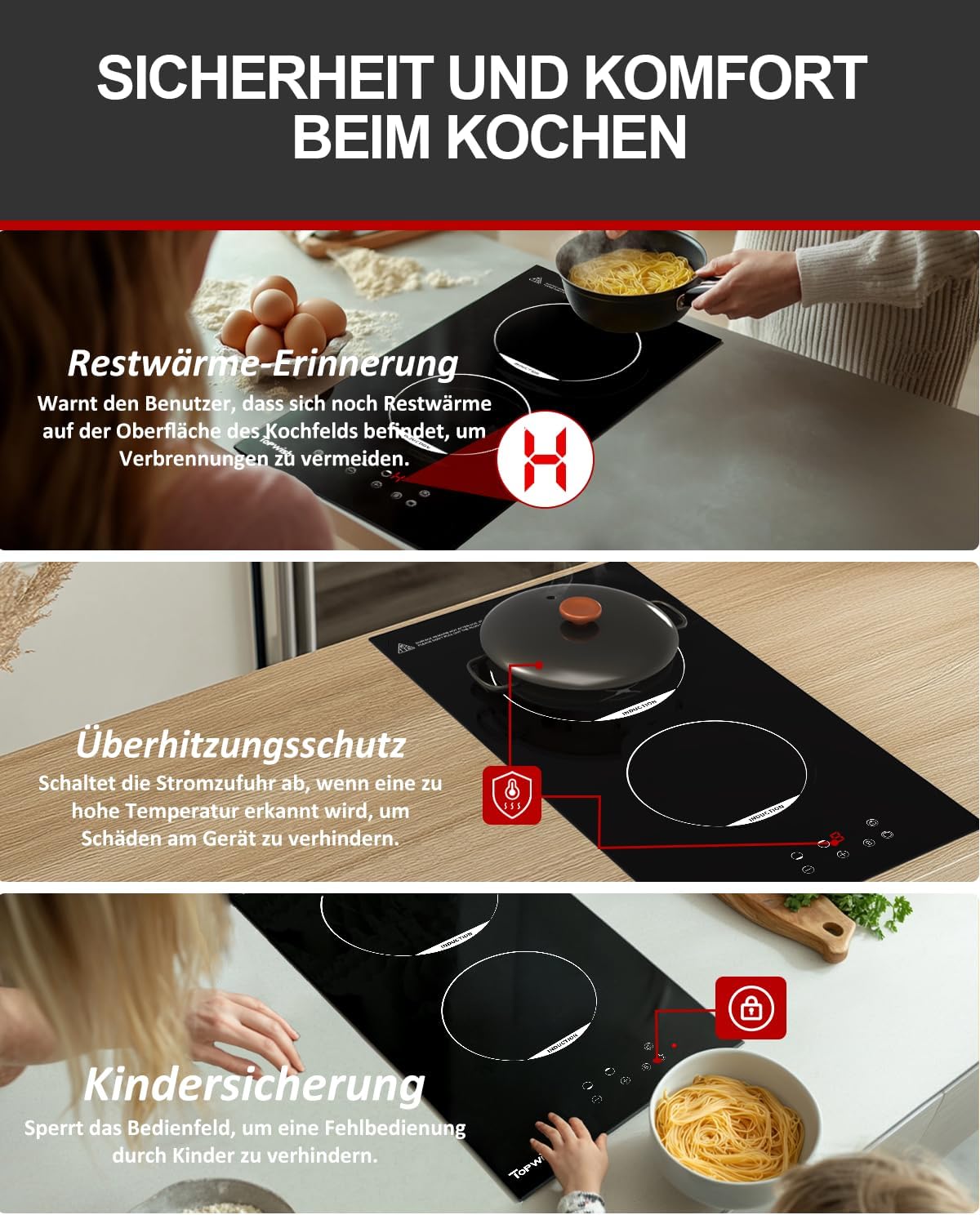 Induktionskochfeld 30cm, Induktions Herdplatte 2 kochfelder, Induktionskochfeld 2 Platten, Induktionskochplatte, Induktionsfeld mit Kindersicherung, Timer, Restwärmeanzeige & Boost-Funktion