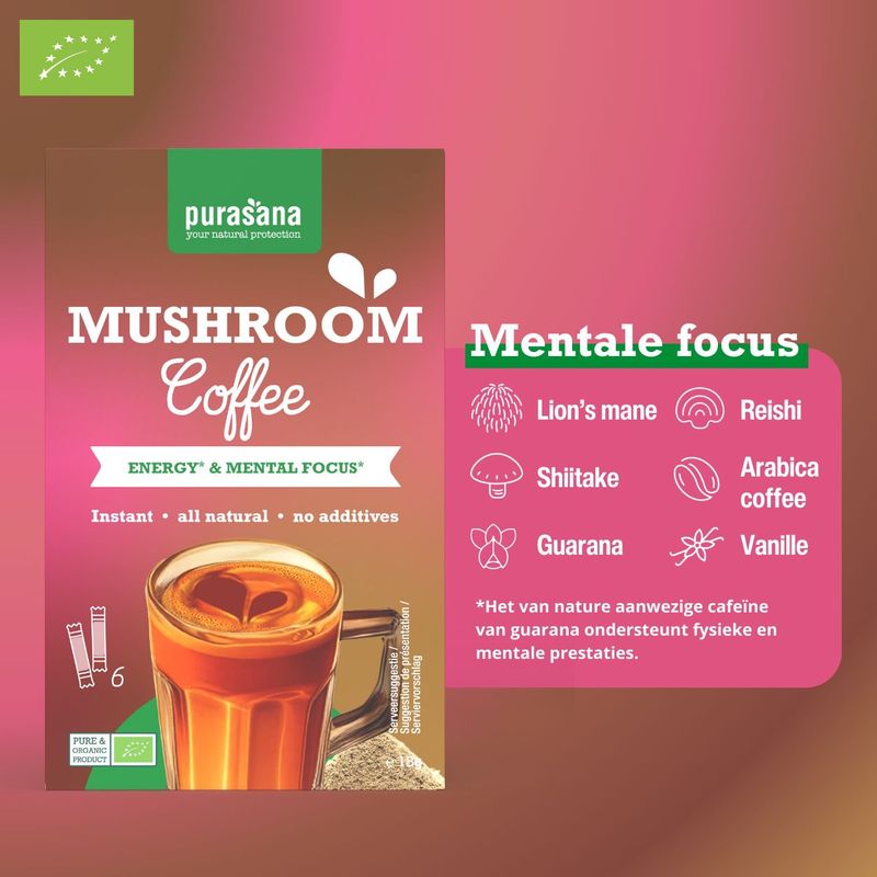 Purasana - Instant Mushroom Coffee - 18 Gram - Arabica - Met Lion’s Mane en Reishi