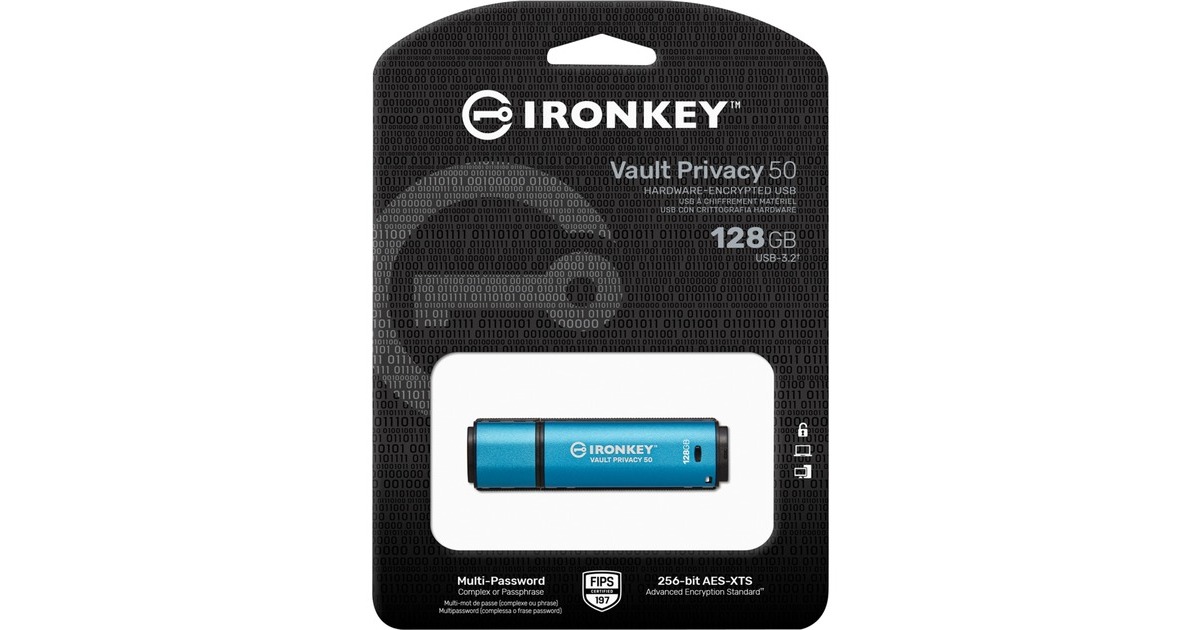 KingstonIronKey Vault Privacy 50 128 GB usb-stick  (Lichtblauw/zwart, USB-A 3.2 Gen 1 (5 Gbit/s))