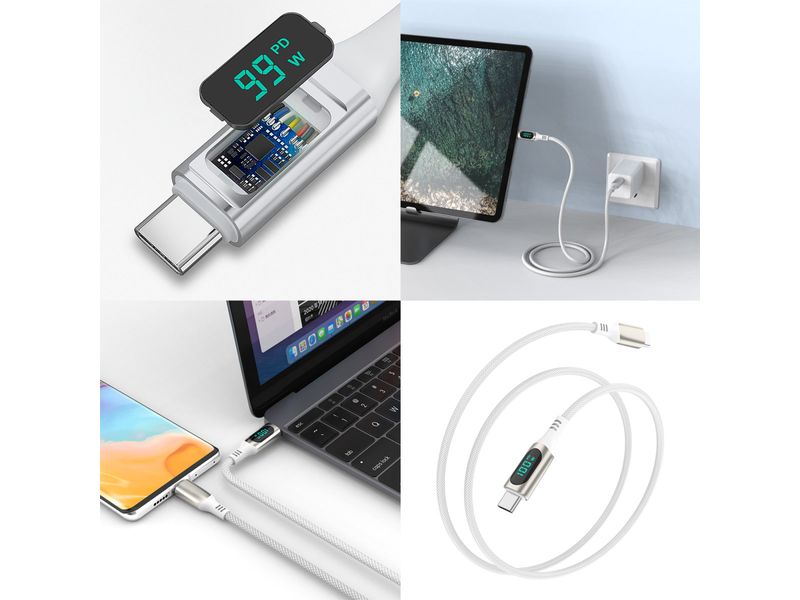 4smarts USB 2.0-Kabel DigitCord bis 100W USB C - USB C 3 m USB-C Kabel DigitCord 100W 3m weiss, Digitales Display