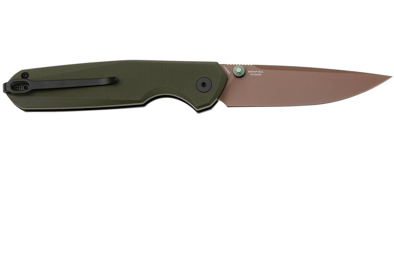 Bestechman Velix BMK07G Bronze PVD 14C28N, Green G10 zakmes, Ostap Hel design