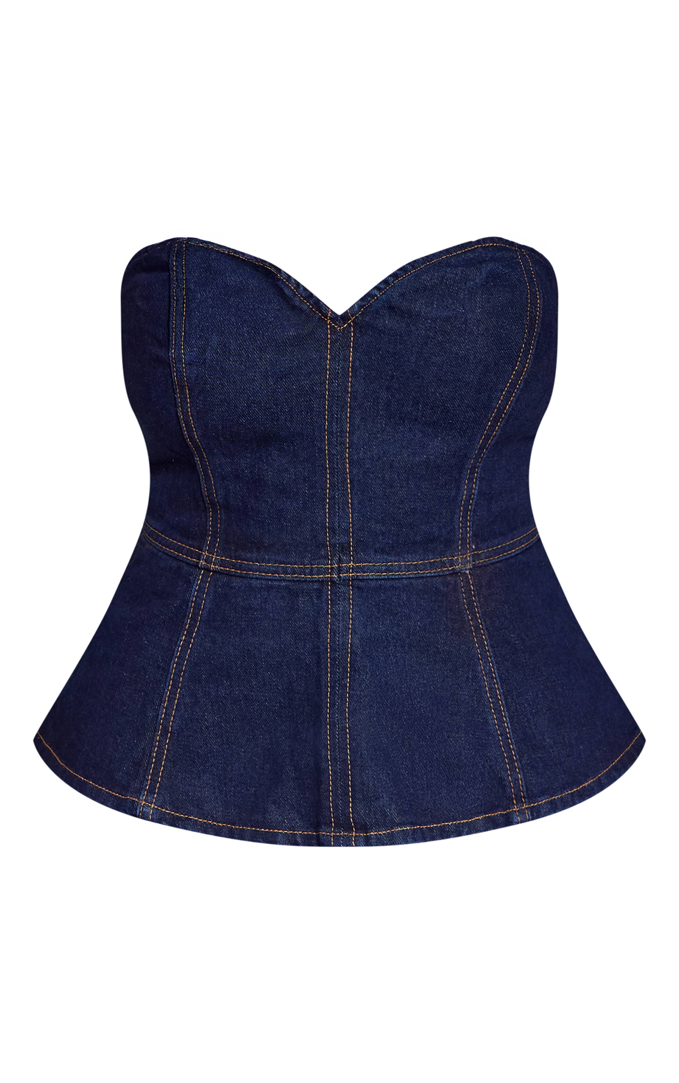 Bleu Indigo Top En Denim À Basque Col Cœur Shape
