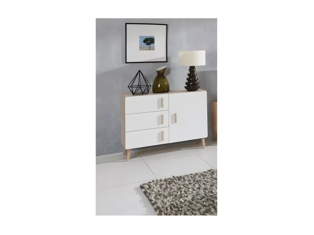 Petit buffet OSLO - Style scandinave - Coloris chêne et blanc - 100 x 78 x 40 cm