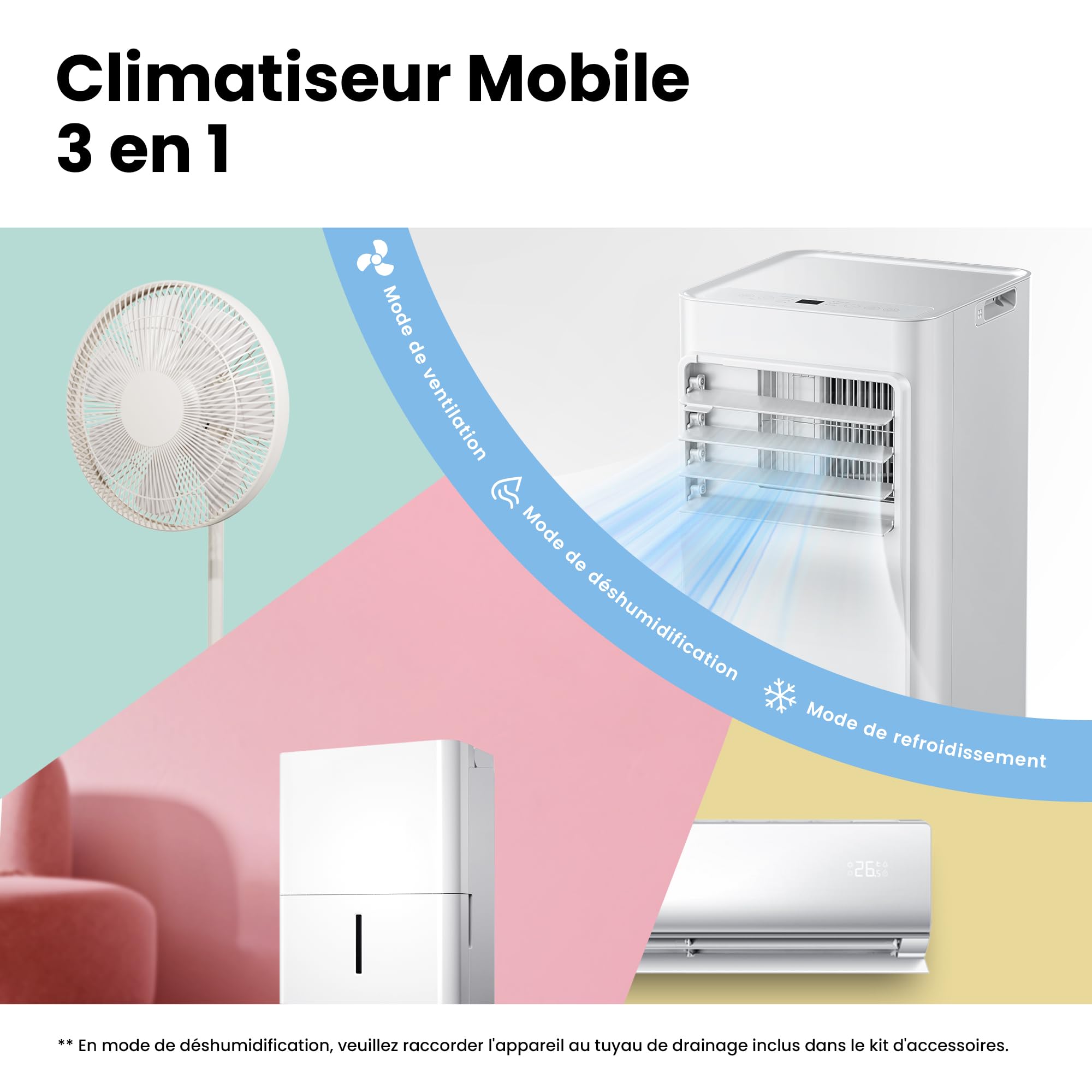COMFEE' Climatiseur Mobile 7000 BTU/h 2kW, Contrôle APP, 3 Modes, 3 Vitesses de ventilation, Minuterie 24H, Dimensions compactes, Pour pièces de 23㎡,