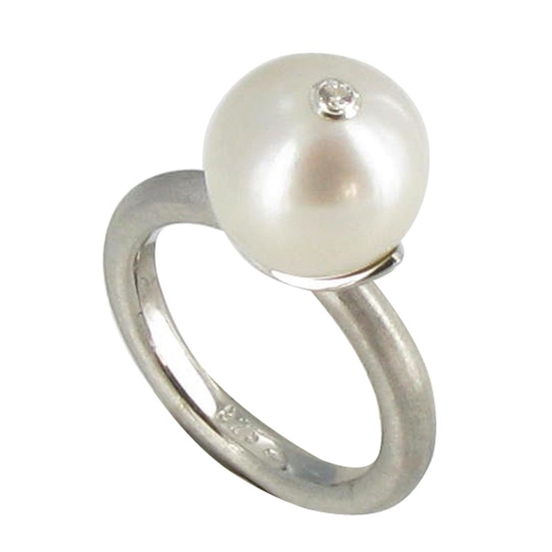 Bague Argent Rhodié Perle de Culture Blanche et son Strass