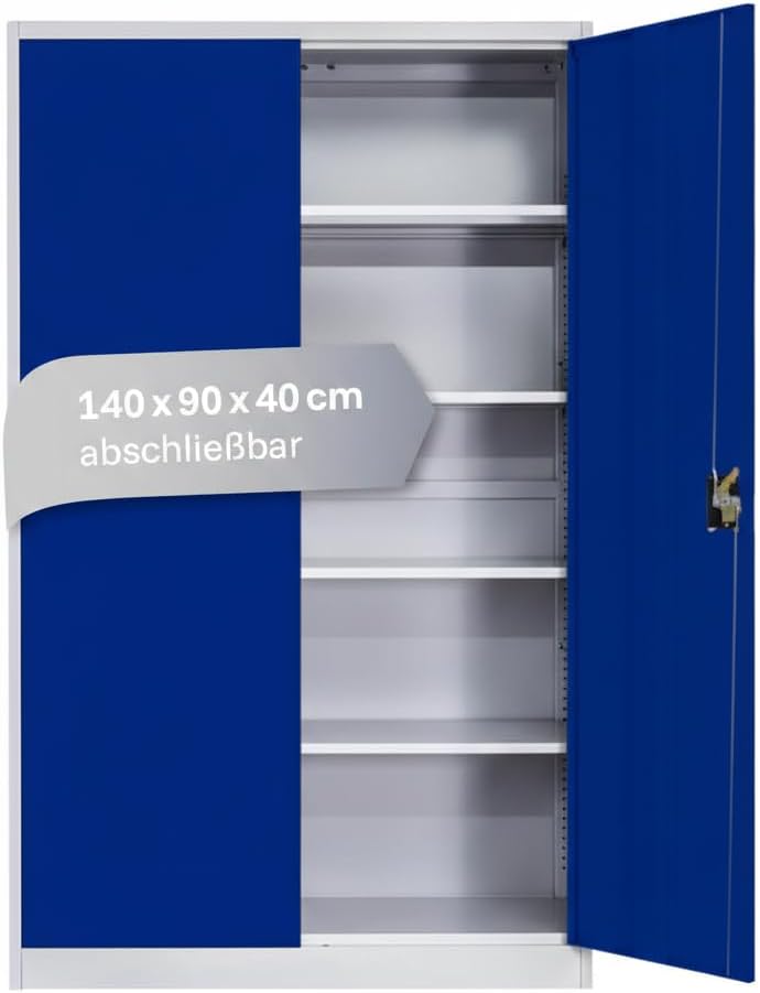 LagerZwei Mehrzweckschrank 140x90x40cm I Büroschrank mit 4 Fachböden I Aktenschrank blau-weiß, abschließbar I Allzweckschrank – Möbel für Arbeitszimmer I Praktischer Metallschrank I Werkstattschrank