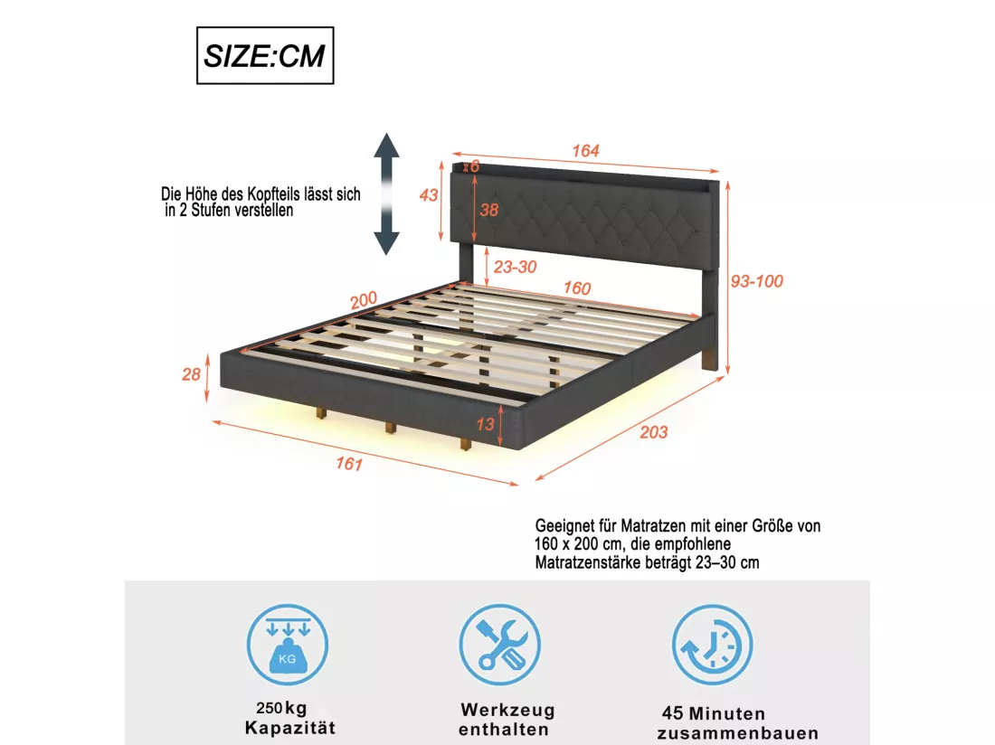 Lit double LED suspendu 160x200cm, en tissu de lin, avec sommier à lattes et tête de lit avec port de chargement USB, gris