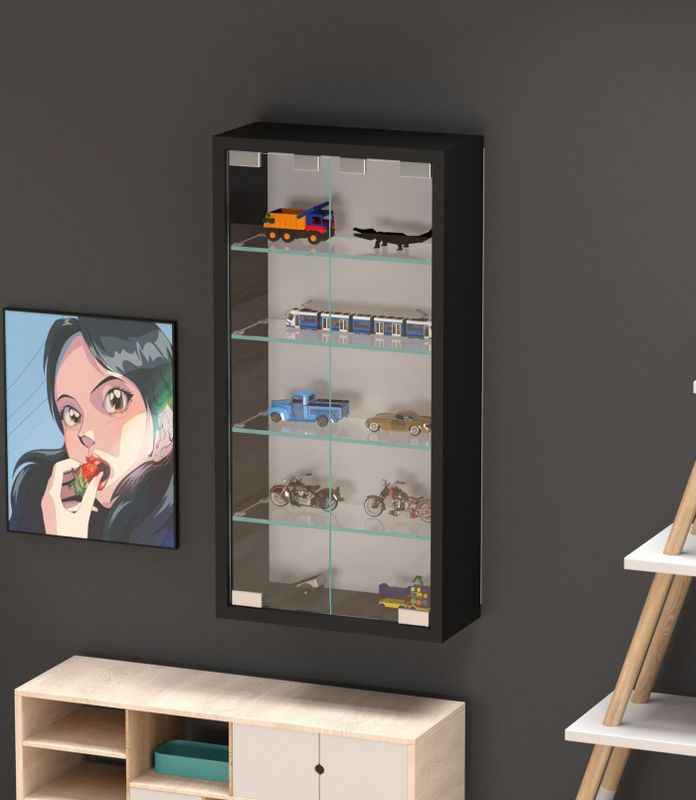 Vitrinekastje - Zwart - ESG-glas - Wand- of Vloerplaatsing