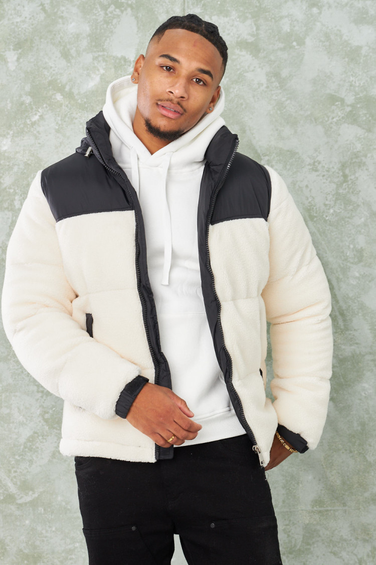 Parka teddy noir en peau de mouton beige