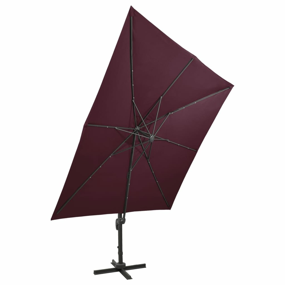 Parasol meuble de jardin déporté avec mât et lumières led 300 cm rouge bordeaux