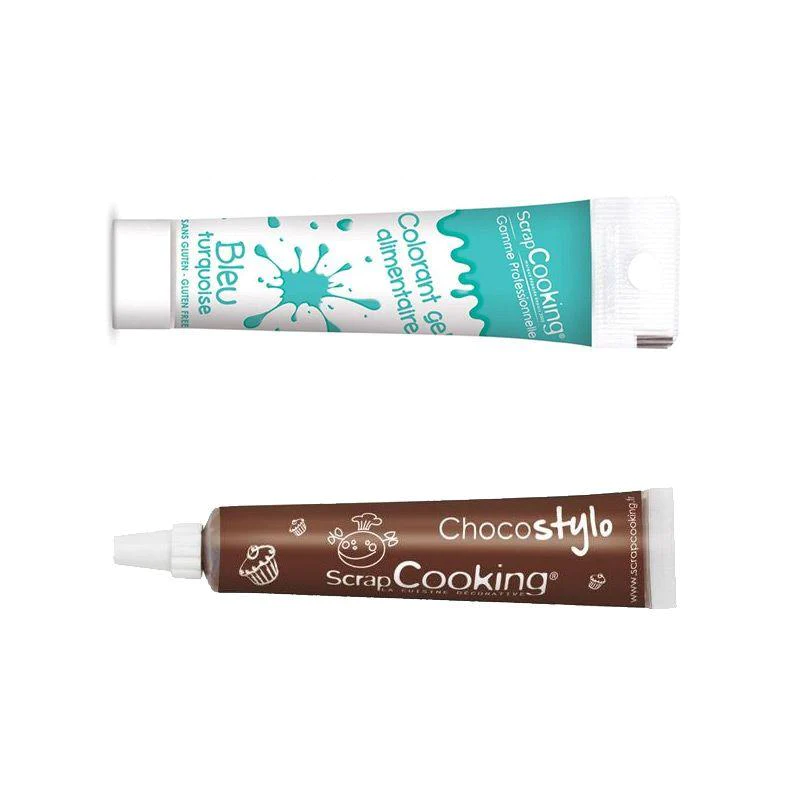 Stylo chocolat + Gel colorant alimentaire bleu turquoise Scrapcooking