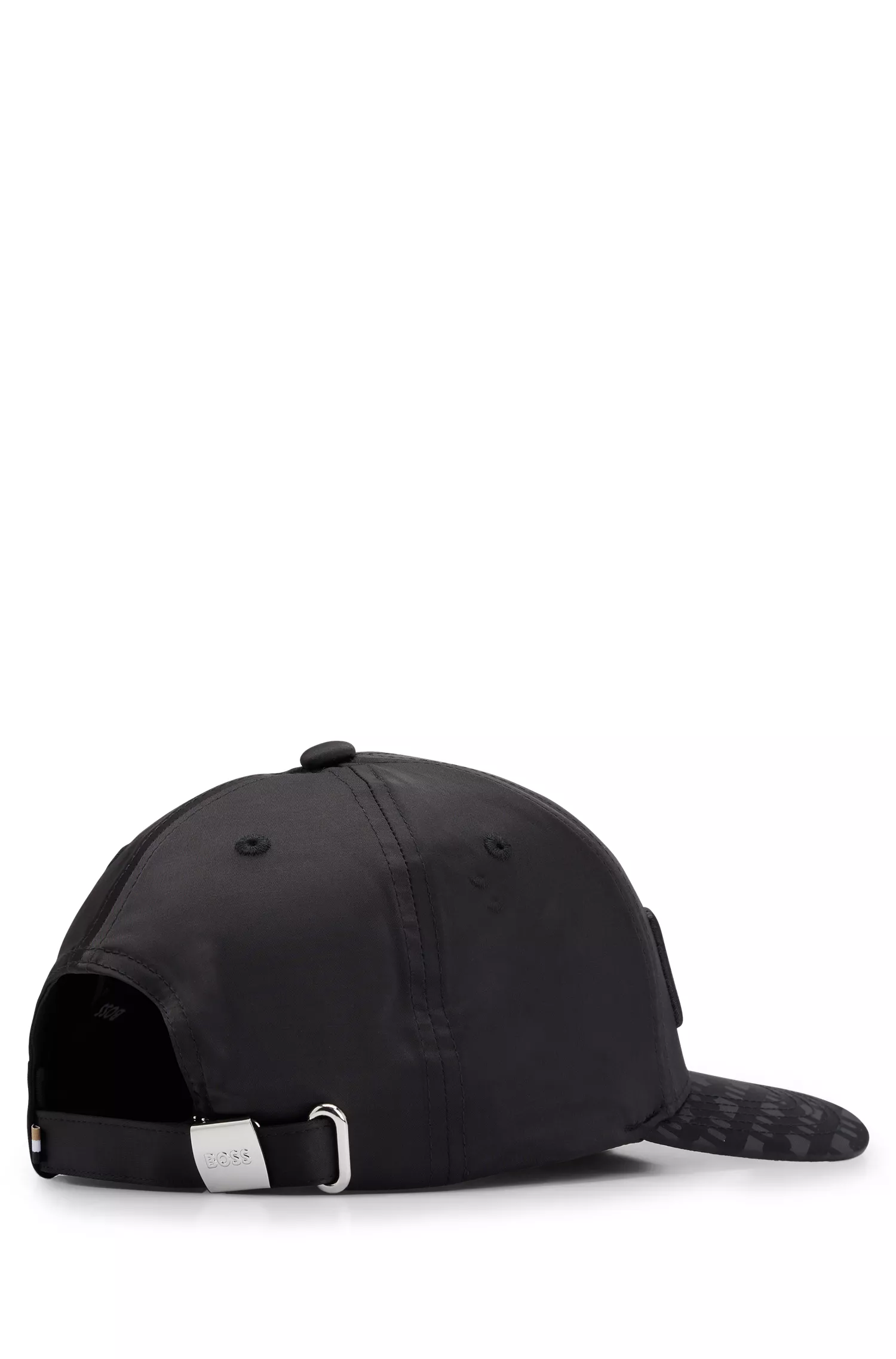 Boné BOSS preto com logotipo bordado em cetim e monograma em jacquard.