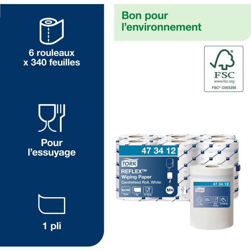 Bobine d'essuyage à dévidage central Tork M4 Reflex Maxi blanche - Carton de 6