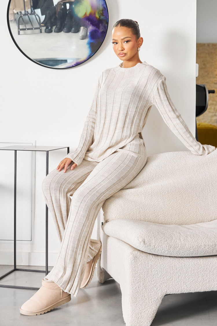 Ensemble 2 pièces pull + pantalon en maille beige