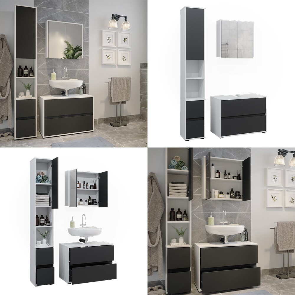 Badmöbel-Set Maltin Weiß Anthrazit modern Waschtischunterschrank Spiegelschrank Hochschrank