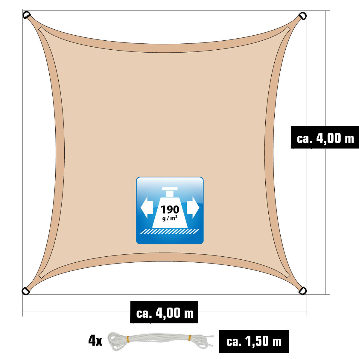AMANKA 4x4 waterdicht beige schaduwdoek met bevestigingsset