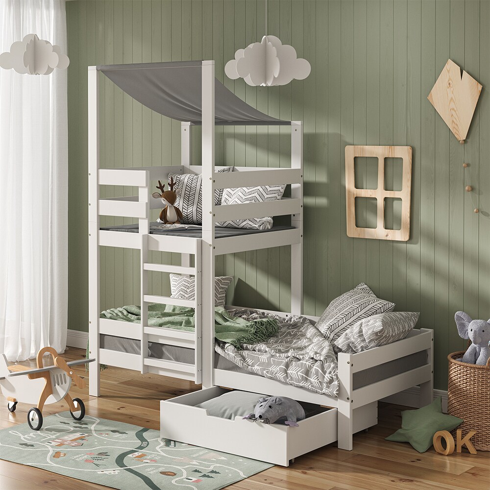 VitaliSpa Spielturmbett Kinderbett Spielbett Tom Weiß modern 204x218 cm Massivholz Kinderzimmer Lattenrost Bettleiter Matratze Abenteuerbett Kletterbett
