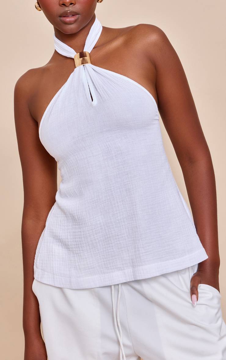 Blanc Top Léger En Tissu Tissé Avec Col Licou Et Détails De Finition
