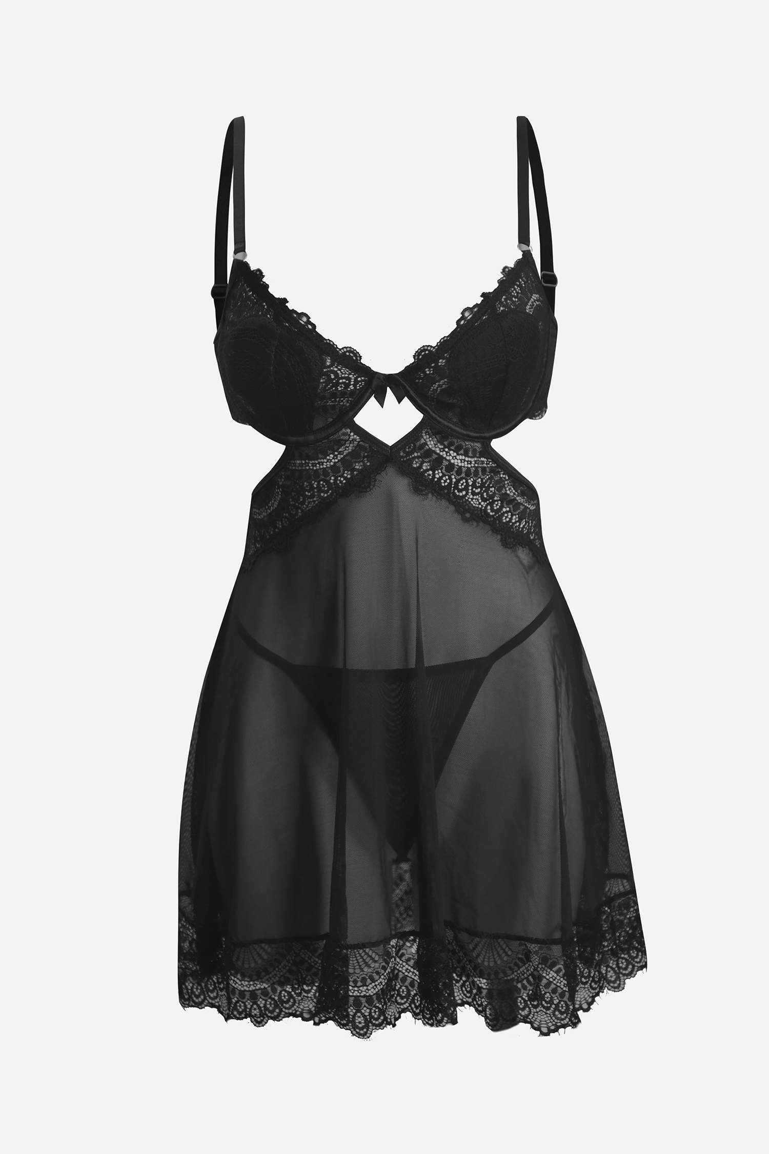 Nuisette babydoll en dentelle découpée noire