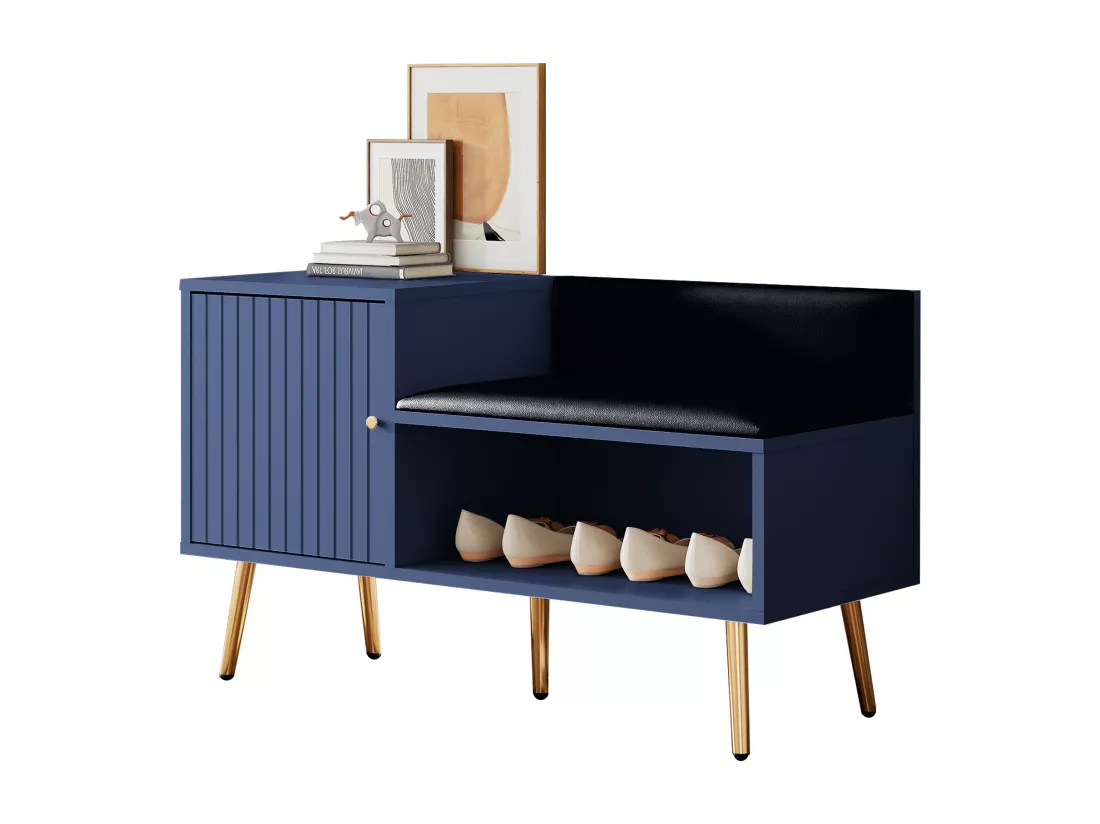 Banc à chaussures moderne avec une porte et coussin en cuir PU - pièds et poignées en métal - coloris bleu - 100 x 40 x 58 cm