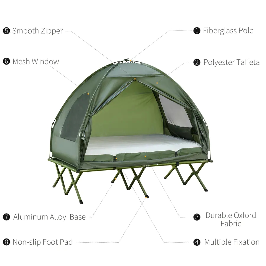 Coleman 2 Person Foldable Camping Cot, Portable Outdoor with Sleeping Bag & Thick Air Mattress, All in One Elevated Camping Bed Tent for 2