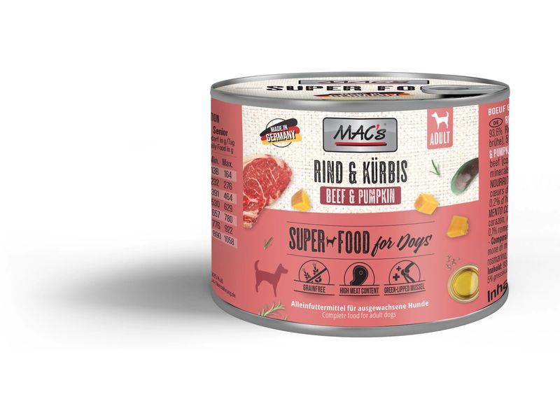MAC's Nassfutter Rind und Kürbis 200 g Alleinfuttermittel für ausgewachsene Hunde