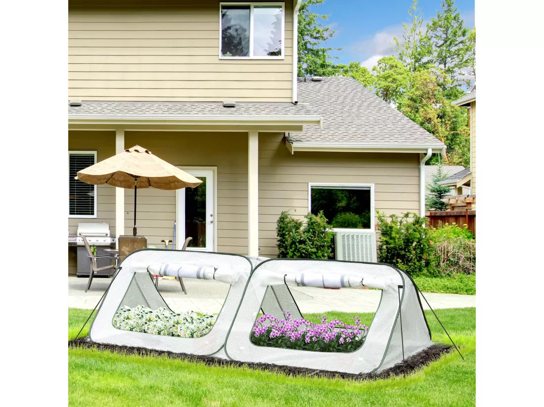 Mini serre pop-up de jardin - serre à tomates - 4 fenêtres + 4 portes zippées enroulable - dim. 2,4L x 1,2l x 0,75H m - sac transport inclus - PE blanc vert