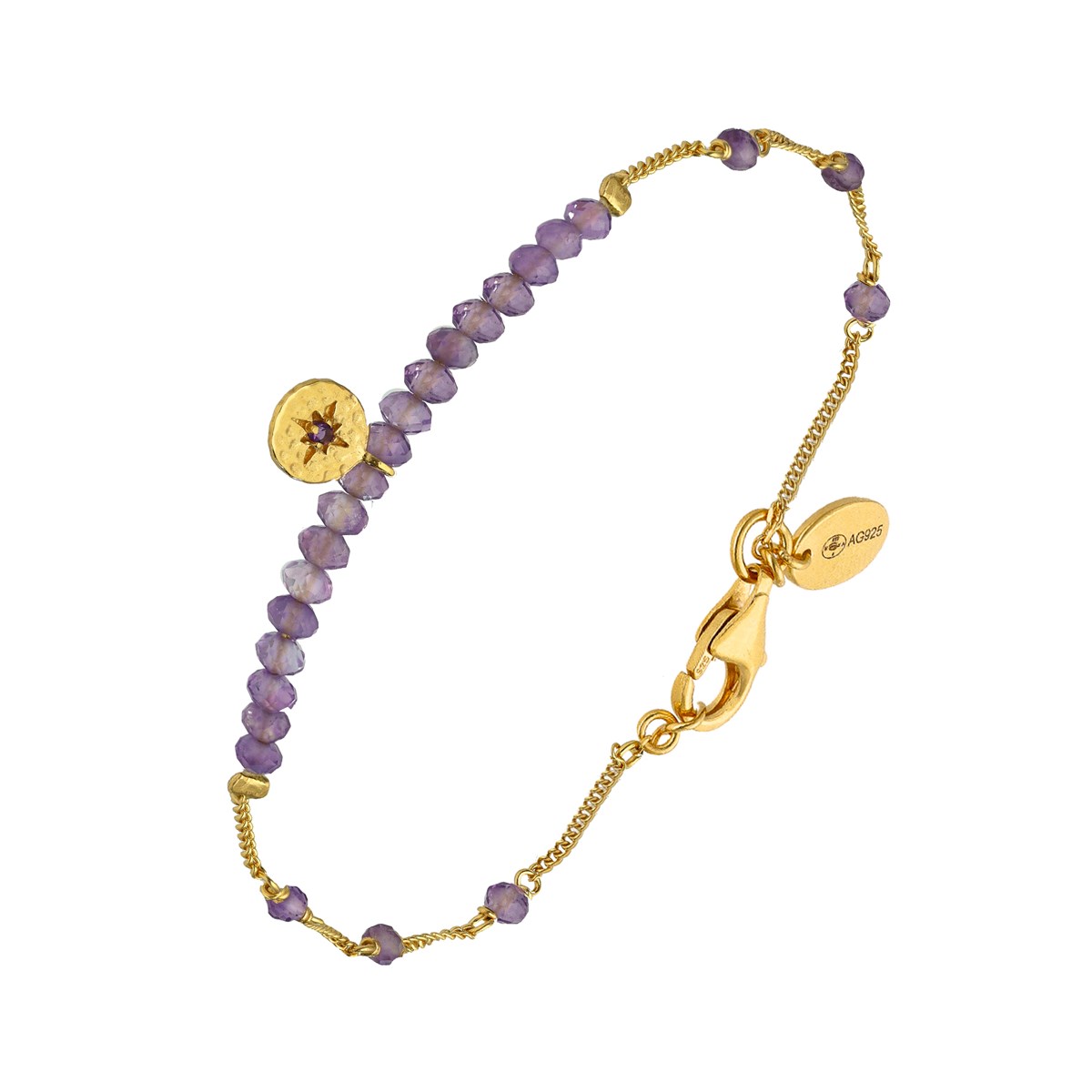 Bracelet Chaîne Argent Doré Avec Perles D'amethyste Et Pampille