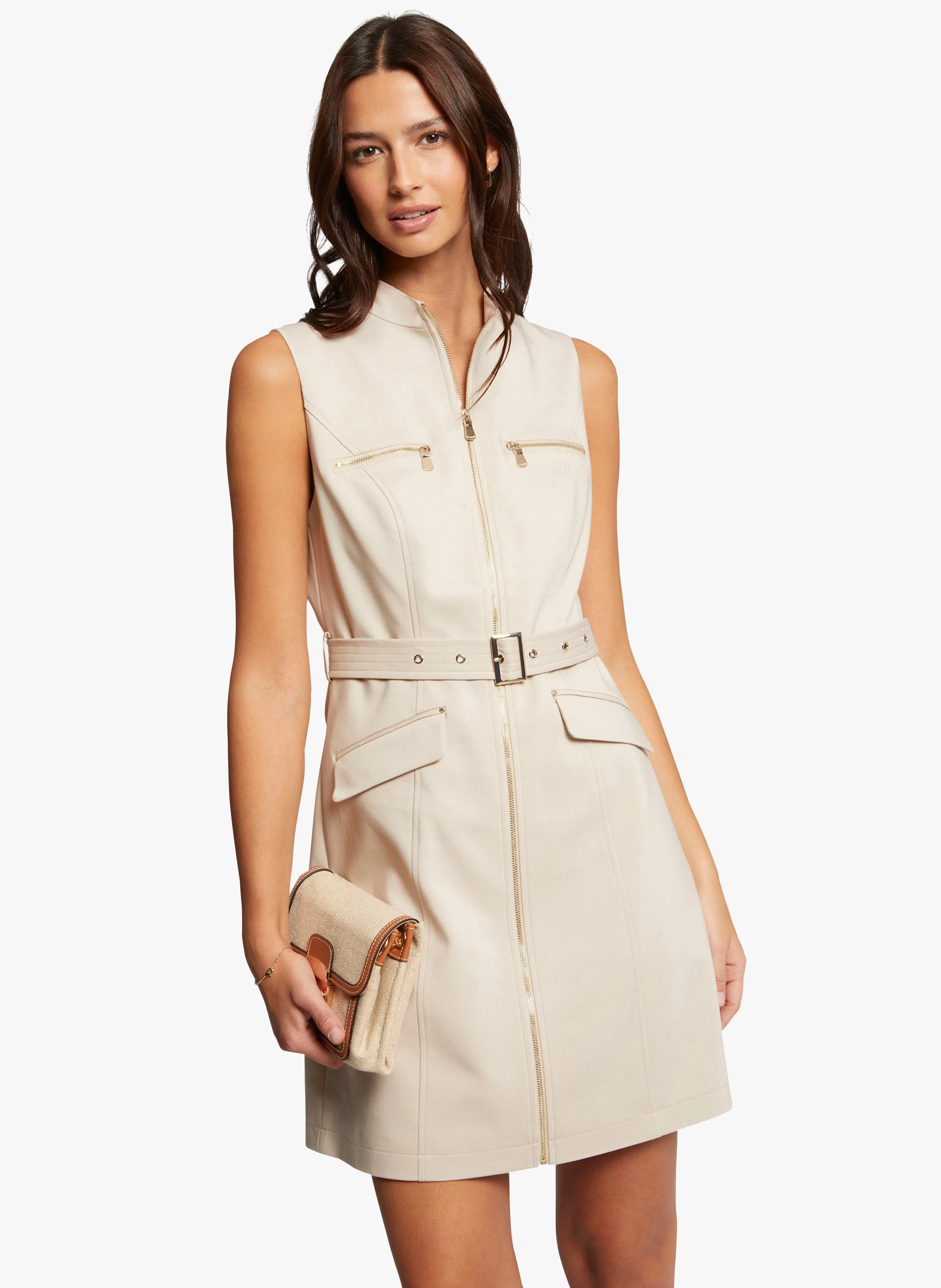ROMEA - Robe courte col rond en coton mélangé | Beige