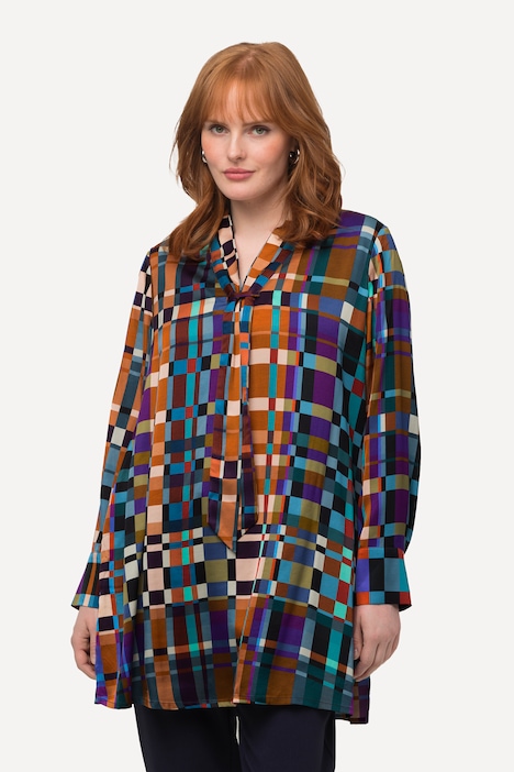 Long-Tunika, Satin, A-Linie, V-Ausschnitt, Langarm