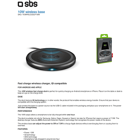 SBS 10W trådløs opladerplade - sort