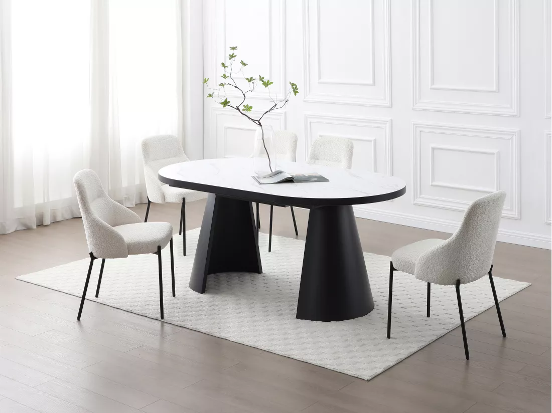 Table à manger extensible 6 à 10 personnes en MDF et métal - Effet marbre blanc et Noir - KORIZEA