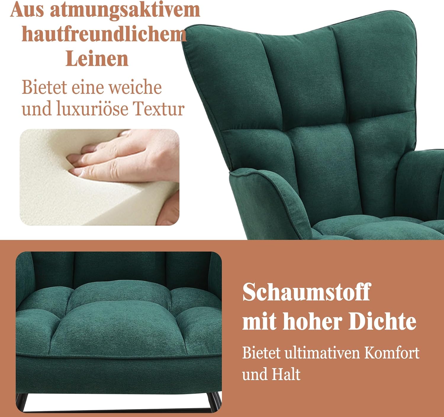 Home Nature Schaukelstuhl aus Holz, bis 150kg belastbar, Moderner Sessel mit Hoher Rückenlehne, Armlehnen & rutschfesten Füßen, für Wohnzimmer, Outdoor (Normales Grün)