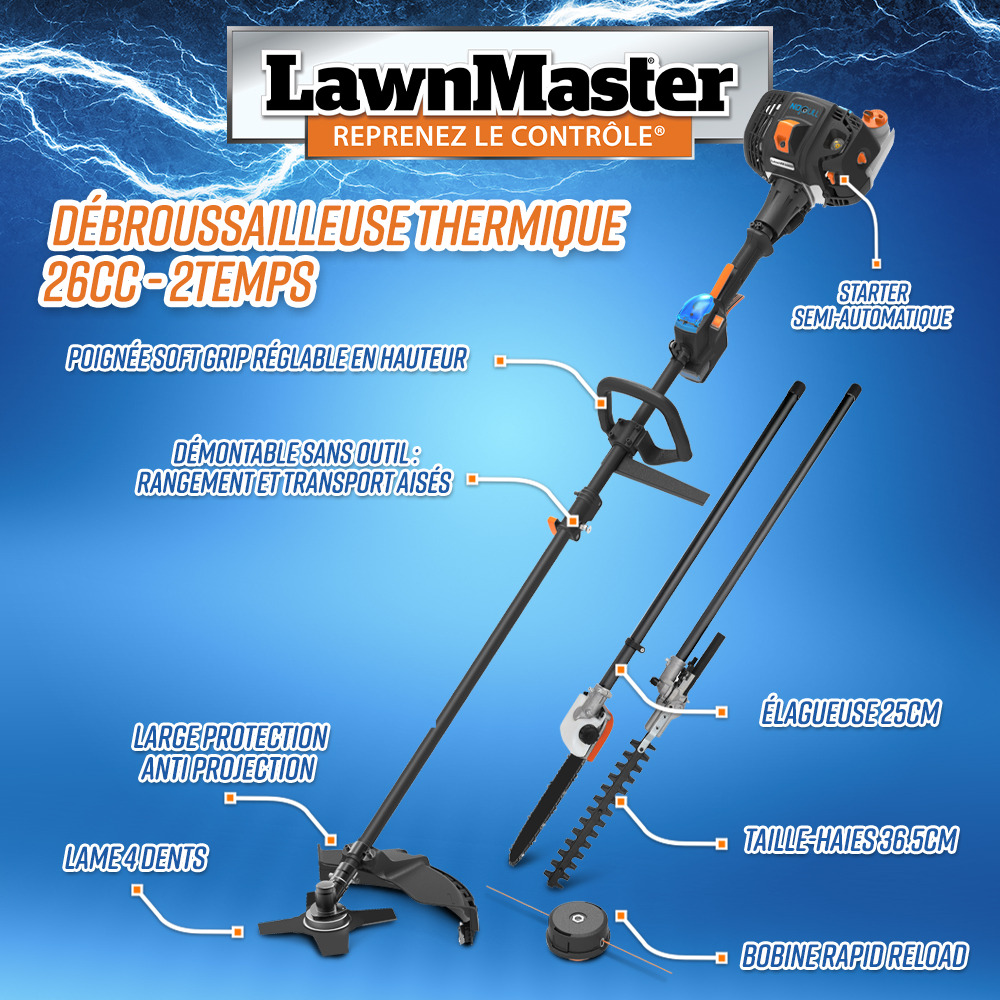 Débroussailleuse thermique 26cc 4 en 1 avec démarrage électrique - lawnmaster