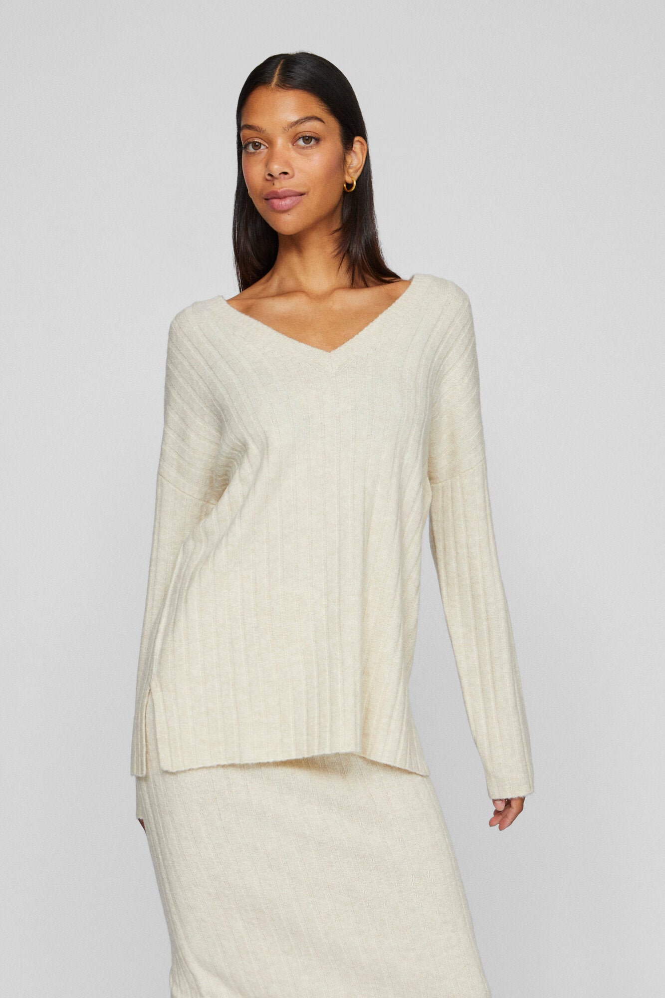 Vila  Vimiraz L/S Rev V-Neck striktrøje - Birch