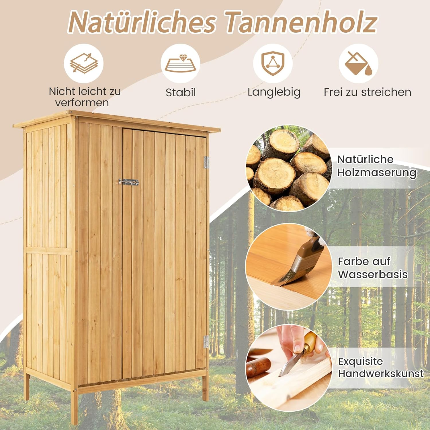 COSTWAY Gartenschrank Holz, Geräteschuppen mit Asphalt-Dach & 3 Regalen & 5 Haken, Gerätehaus mit Abschließbare Tür, Outdoor Gartenhaus für Hinterhof, Terrasse, 91 x 66 x 150 cm