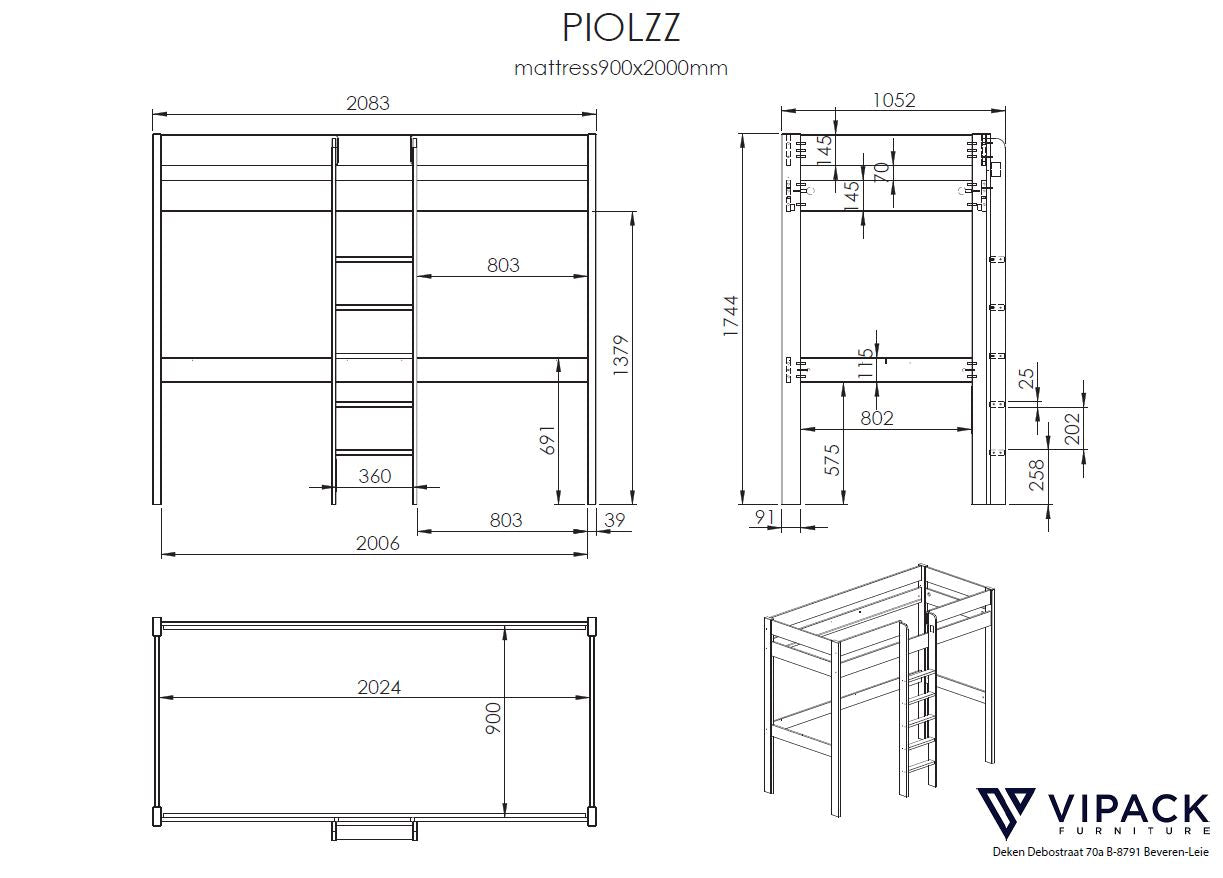 LUCEVI - Pino Hoogslaper + bureau 90x200 cm - Wit