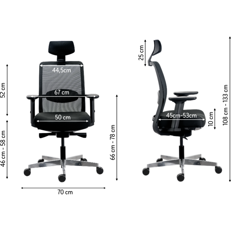 Chaise de bureau ERGO MOOV' Premium - tissu et maille - pied alu - soutien lombaire - appui tête - accoudoirs - mécanisme synchrone - assise réglable en profondeur