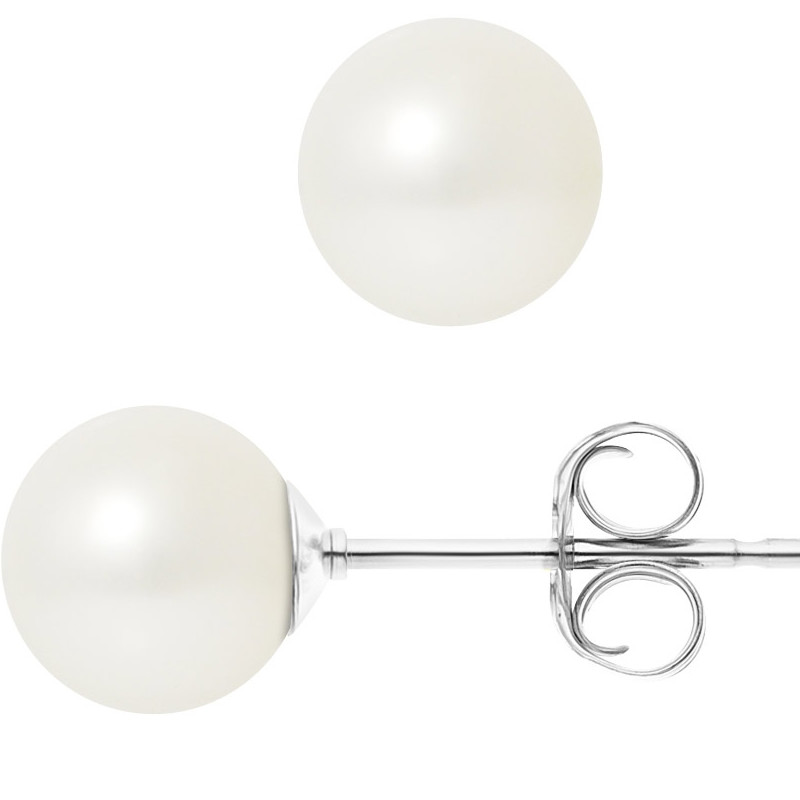 Boucles d'Oreilles Perles de Culture d'eau douce Blanches 7.5 mm et or Blanc 750/1000
