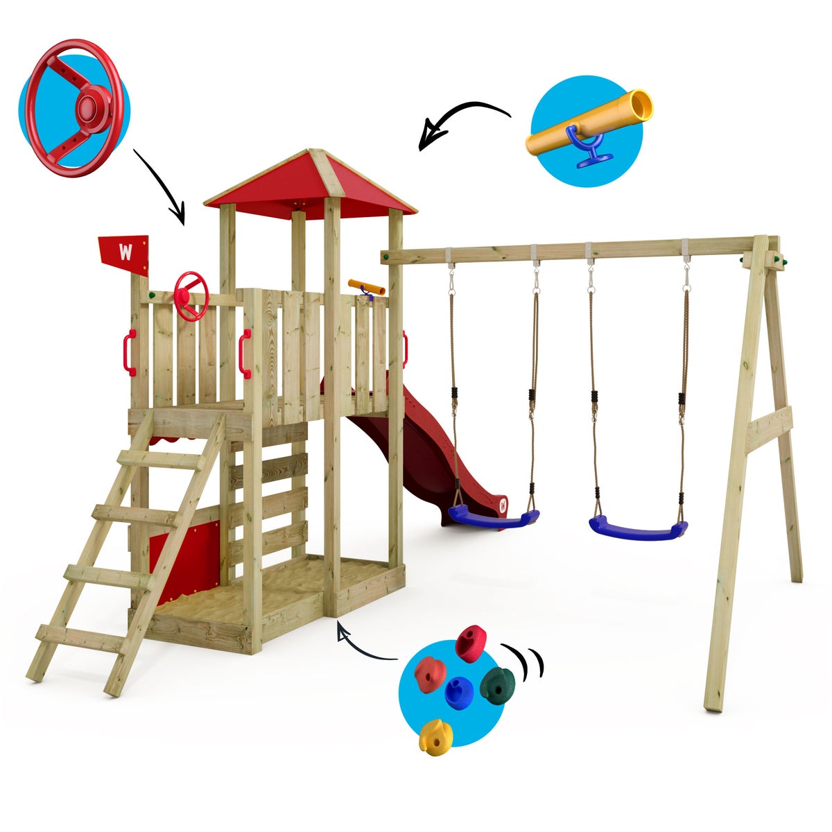 WICKEY Smart Savana speeltoren klimtoestel met schommel en glijbaan, speelhuis met klimladder en speelaccessoires – rood