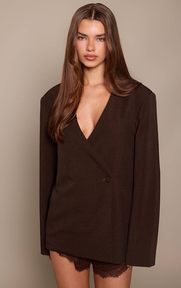 Chocolat Blazer Beige Rayé Sans Col Asymétrique Ajusté