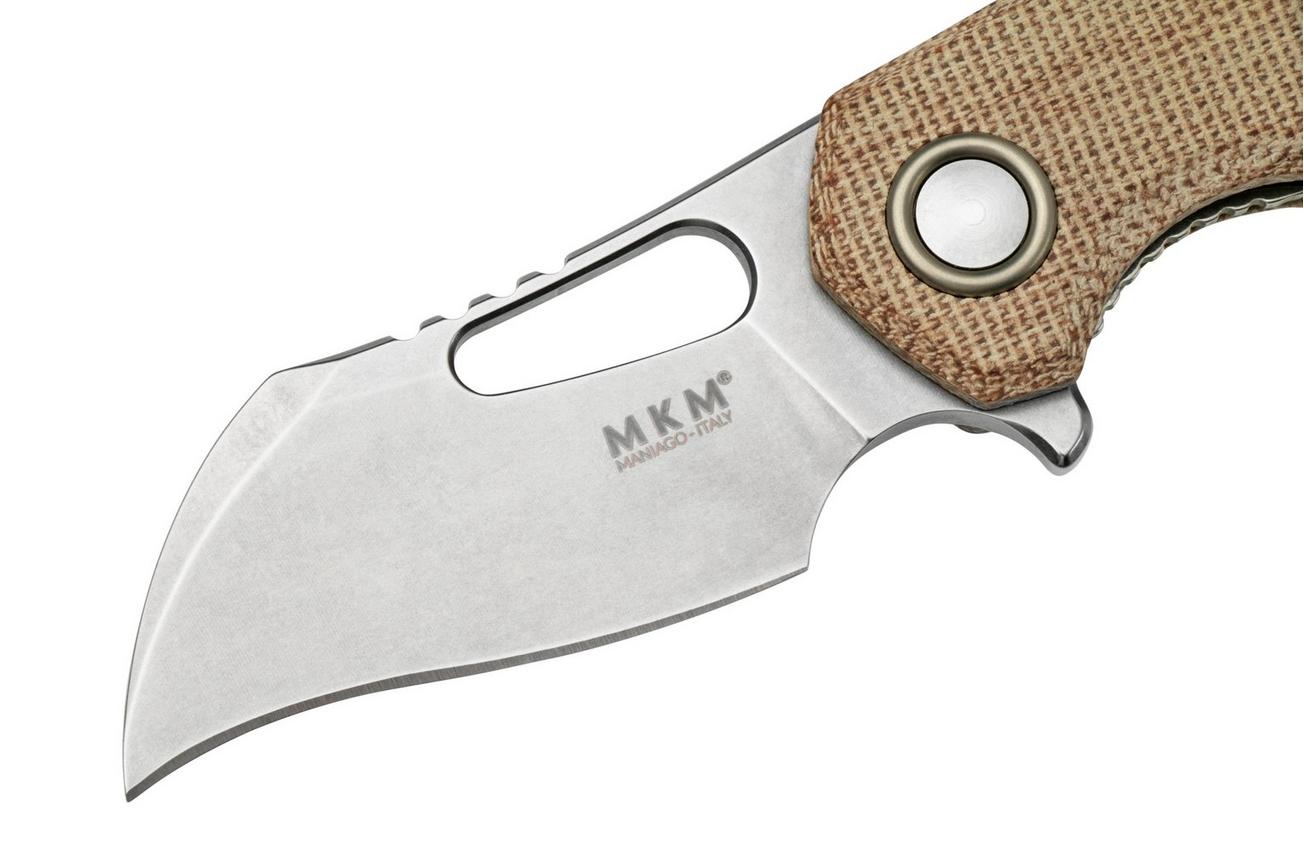 MKM Isonzo FX03M-1NC Hawkbill M390, Natural Canvas Micarta zakmes, Jesper Voxnaes design