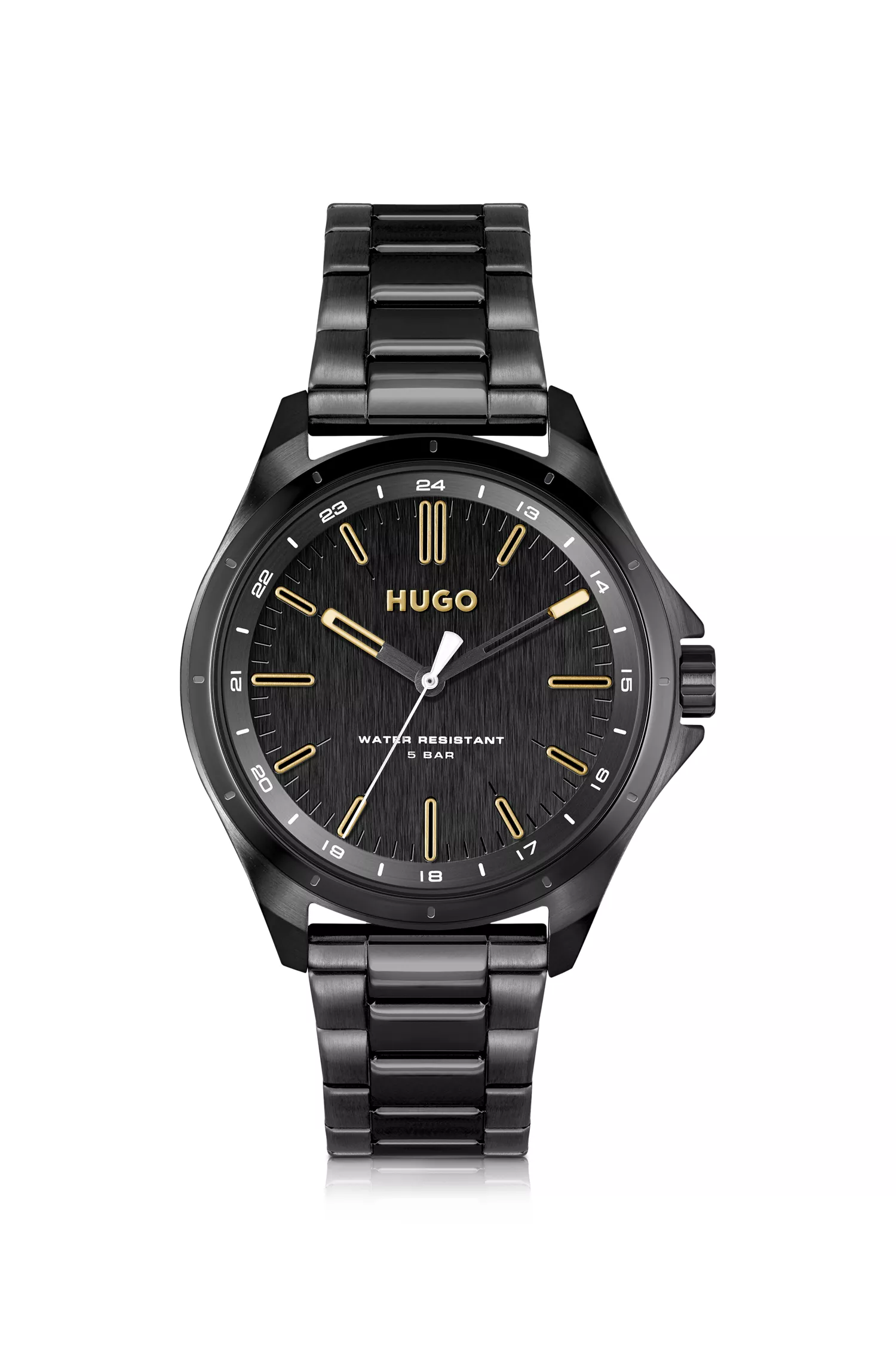Relógio HUGO com revestimento em vermelho e preto e índices dourados.