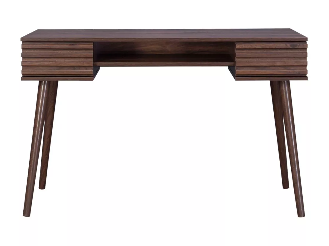 Bureau effet bois 2 tiroirs MADERE noyer. 1 casier. façade rainurées. 120 x 55 x 76.5 cm
