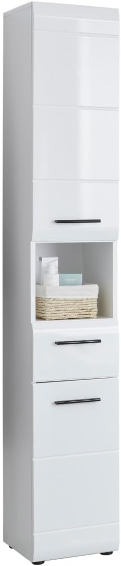 trendteam smart living - Skin - Hochschrank - Weiß/Weiß Hochglanz - 5 Fächer, eine Ablage und eine Schublade - (BxHxT) 30 x 182 x 31 cm - 2 verstellbare Einlegeböden - Kratzfest