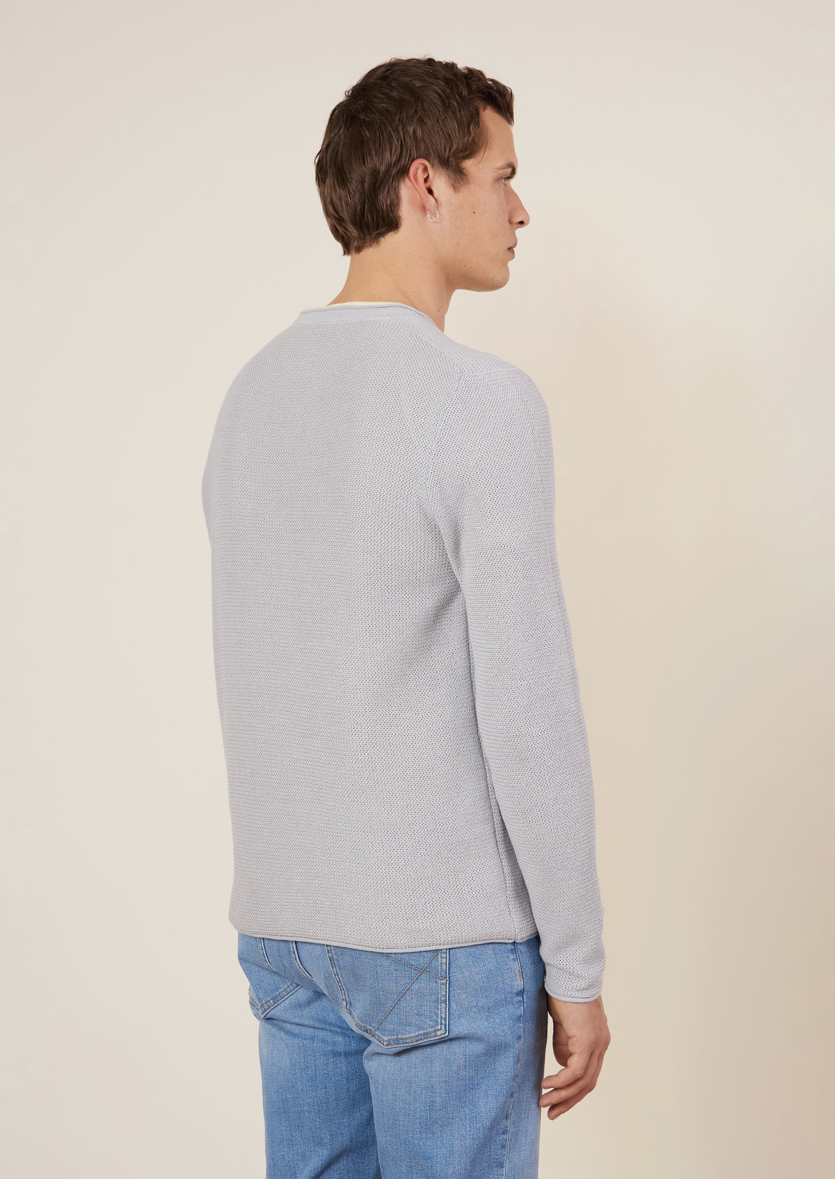 Pull col tunisien en coton et lin unis bleu ciel