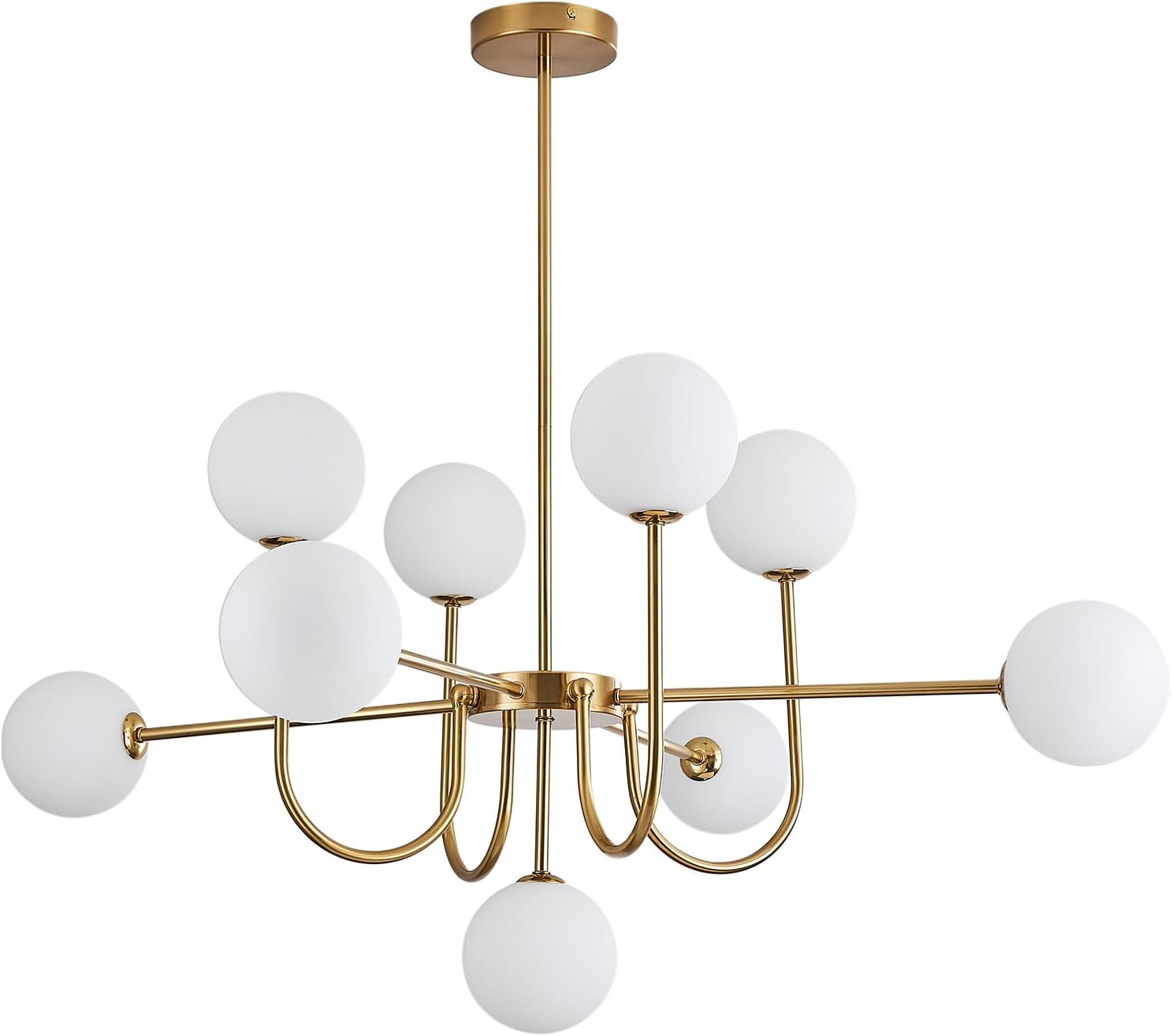 Moderne Sputnik Kronleuchter mit 9 weißen Glaskugeln, Gold Deckenleuchte, Vintage Pendelleuchte, halb eingebaute Deckenlampe für Wohnzimmer Schlafzimmer Küche und Esszimmer
