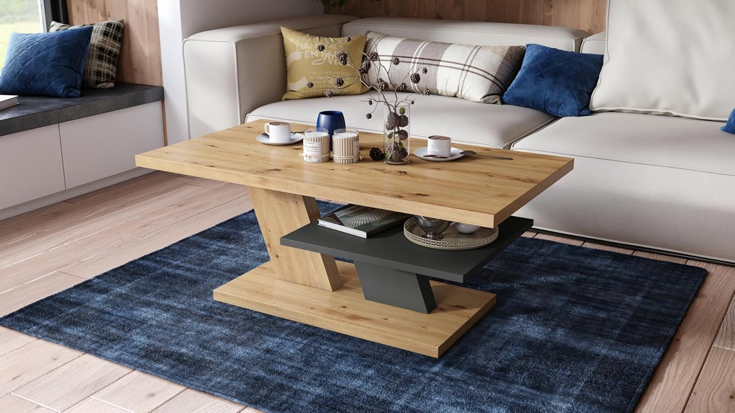All4All Couchtisch Conte - Kaffeetisch - Wohnzimmertisch – Sofatisch mit Ablage - kompakte Größe - Sofatisch - 110x60cm - 05 - Artisan Eiche + anthrazit