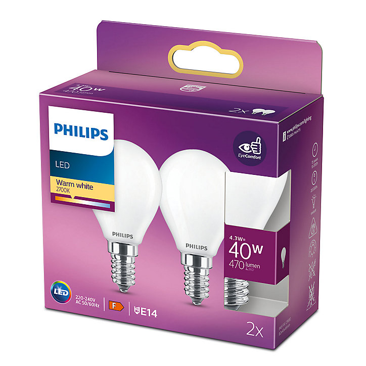 Lot 2 ampoules E14 (SES) standard 470lm 4.3W = 40W IP20 blanc chaud Philips
